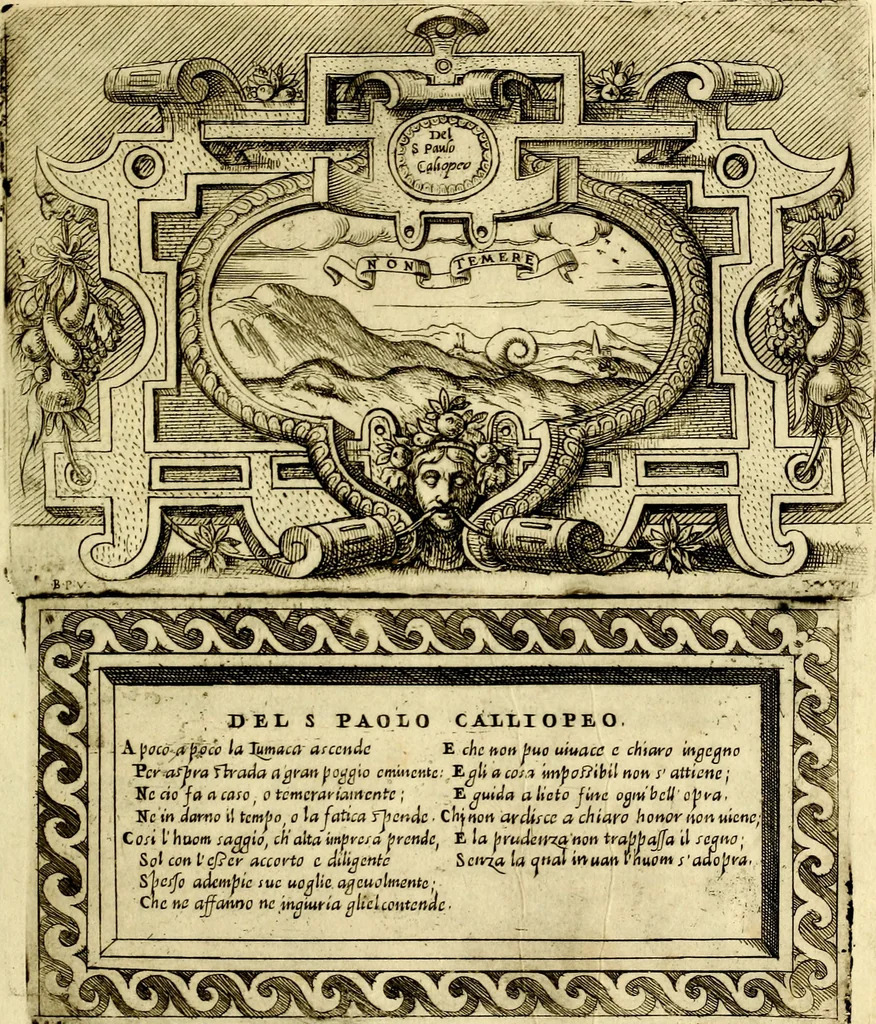 An illustration from Imprese nobili et ingeniose di diversi prencipi, et d'altri personaggi illustri nell'arme et nelle lettere : le quali, col disegno loro estrinseco, dimostrano l'animo, et la buona ò mala fortuna de gli autori loro, 1583, leaf 34