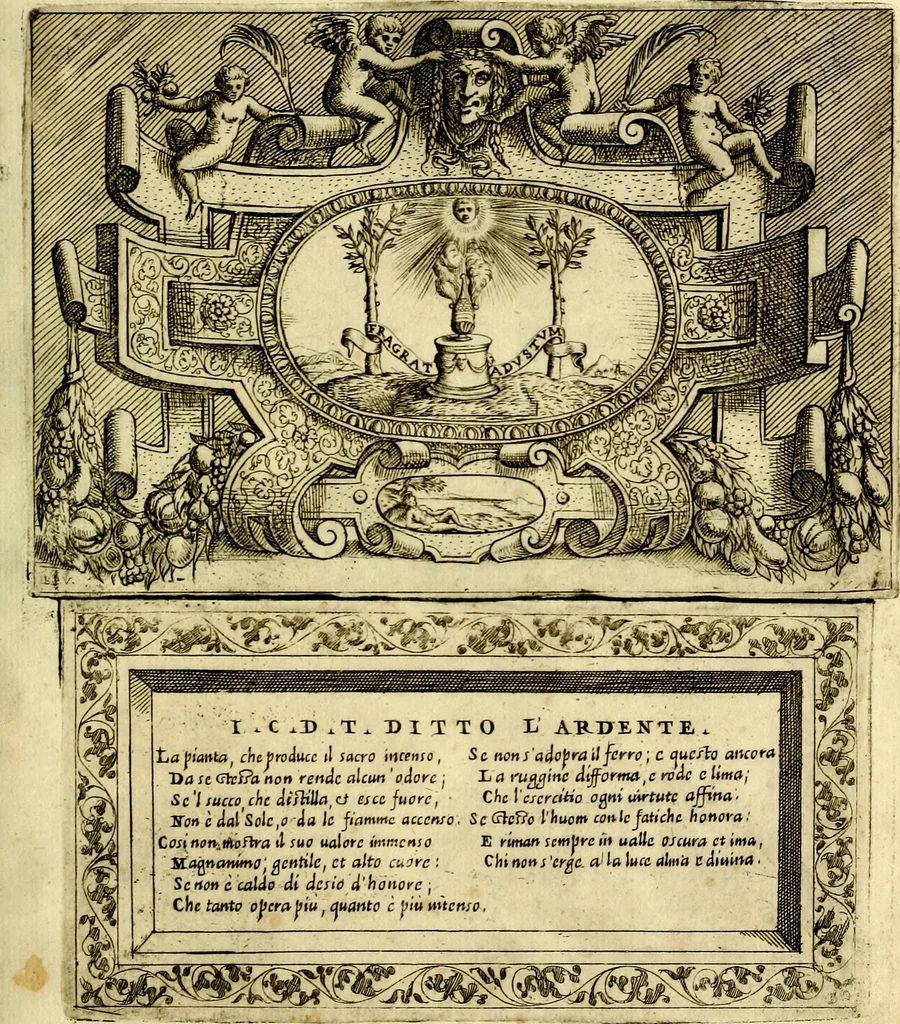 An illustration from Imprese nobili et ingeniose di diversi prencipi, et d'altri personaggi illustri nell'arme et nelle lettere : le quali, col disegno loro estrinseco, dimostrano l'animo, et la buona ò mala fortuna de gli autori loro, 1583, leaf 48