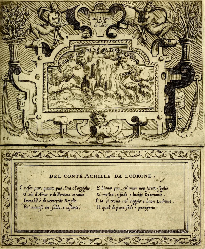 An illustration from Imprese nobili et ingeniose di diversi prencipi, et d'altri personaggi illustri nell'arme et nelle lettere : le quali, col disegno loro estrinseco, dimostrano l'animo, et la buona ò mala fortuna de gli autori loro, 1583, leaf 58