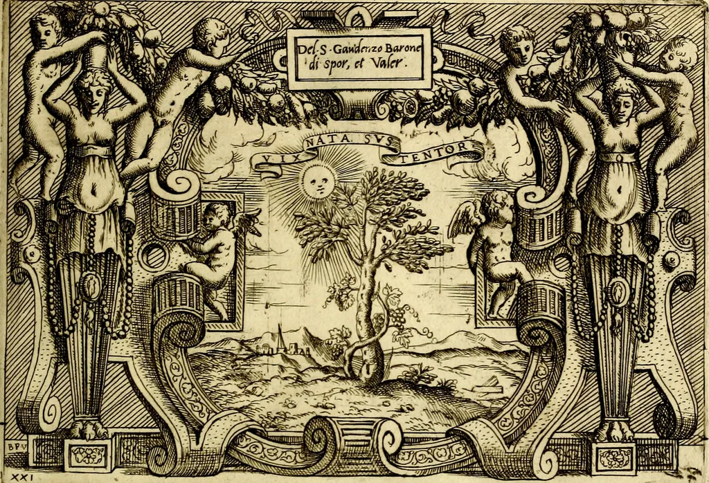 An illustration from Imprese nobili et ingeniose di diversi prencipi, et d'altri personaggi illustri nell'arme et nelle lettere : le quali, col disegno loro estrinseco, dimostrano l'animo, et la buona ò mala fortuna de gli autori loro, 1583, leaf 70
