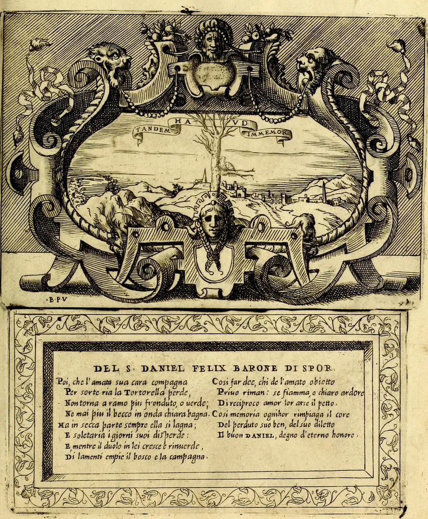 An illustration from Imprese nobili et ingeniose di diversi prencipi, et d'altri personaggi illustri nell'arme et nelle lettere : le quali, col disegno loro estrinseco, dimostrano l'animo, et la buona ò mala fortuna de gli autori loro, 1583, leaf 76