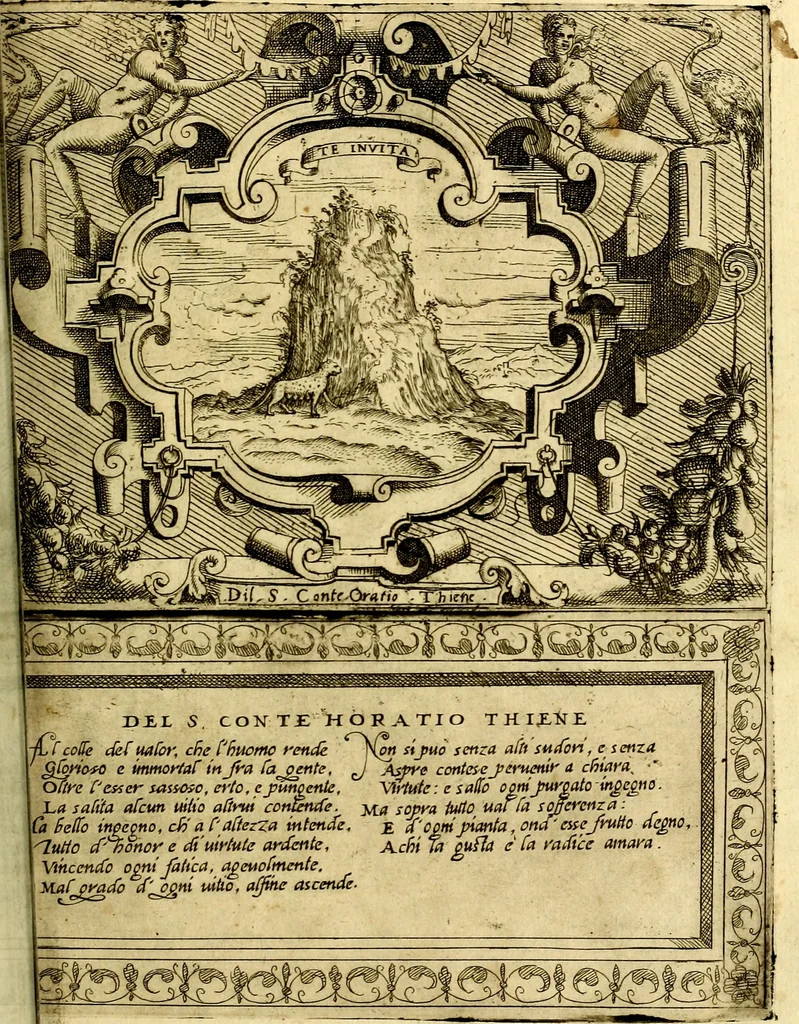 An illustration from Imprese nobili et ingeniose di diversi prencipi, et d'altri personaggi illustri nell'arme et nelle lettere : le quali, col disegno loro estrinseco, dimostrano l'animo, et la buona ò mala fortuna de gli autori loro, 1583, leaf 86