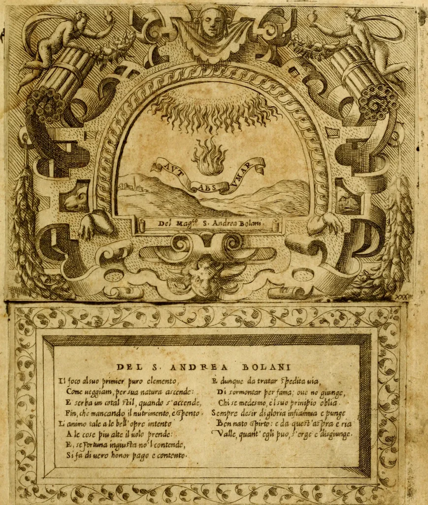 An illustration from Imprese nobili, et ingeniose di diversi prencipi et d'altri personnagi illustri : nell'arme et nelle lettere : le quali, col disegno loro estrinseco, dimostrano l'animo, et la buona o mala fortuna de gli autori loro, 1578, leaf 14