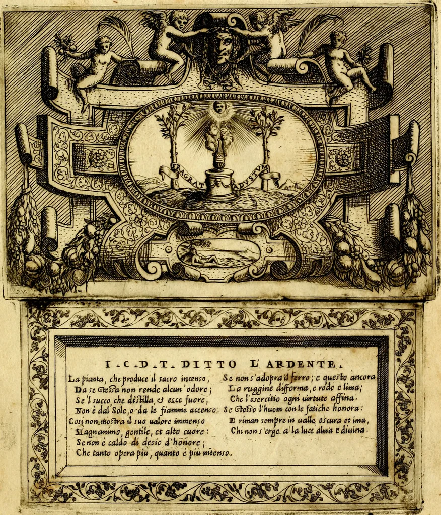 An illustration from Imprese nobili, et ingeniose di diversi prencipi et d'altri personnagi illustri : nell'arme et nelle lettere : le quali, col disegno loro estrinseco, dimostrano l'animo, et la buona o mala fortuna de gli autori loro, 1578, leaf 28