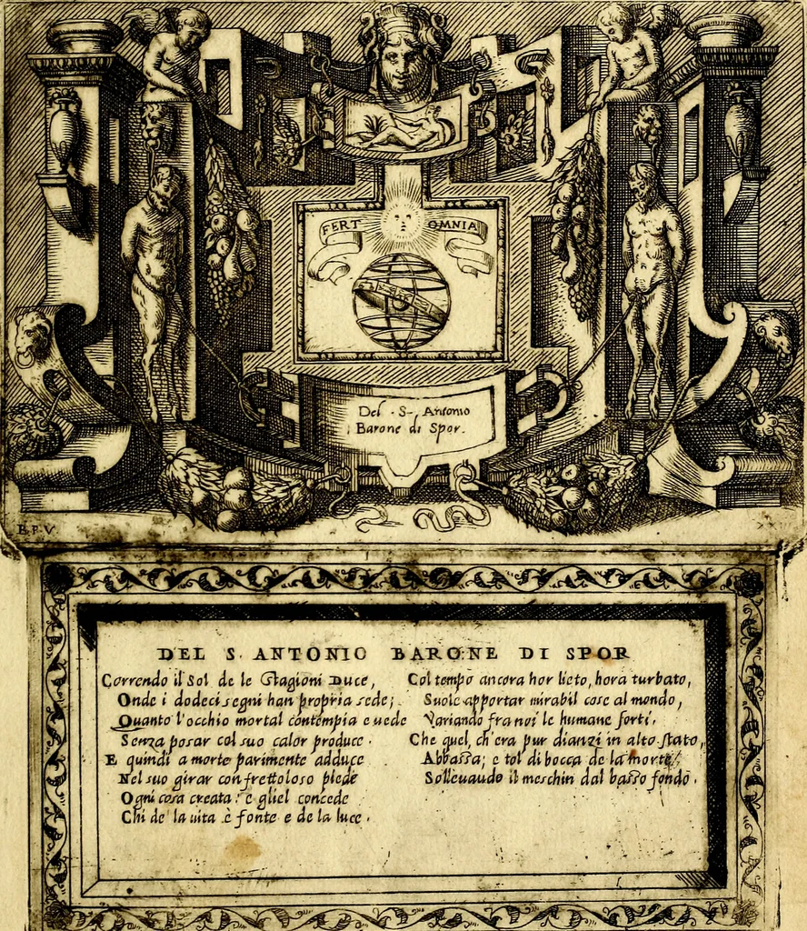 An illustration from Imprese nobili, et ingeniose di diversi prencipi et d'altri personnagi illustri : nell'arme et nelle lettere : le quali, col disegno loro estrinseco, dimostrano l'animo, et la buona o mala fortuna de gli autori loro, 1578, leaf 34