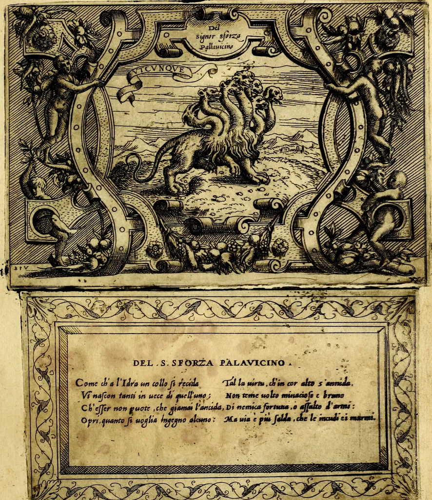 An illustration from Imprese nobili, et ingeniose di diversi prencipi et d'altri personnagi illustri : nell'arme et nelle lettere : le quali, col disegno loro estrinseco, dimostrano l'animo, et la buona o mala fortuna de gli autori loro, 1578, leaf 46
