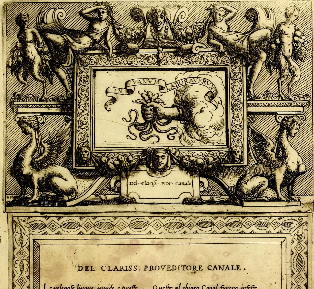 An illustration from Imprese nobili, et ingeniose di diversi prencipi et d'altri personnagi illustri : nell'arme et nelle lettere : le quali, col disegno loro estrinseco, dimostrano l'animo, et la buona o mala fortuna de gli autori loro, 1578, leaf 54