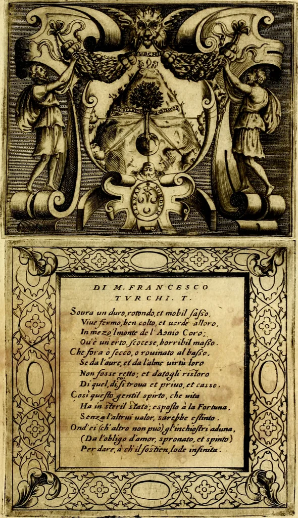 An illustration from Imprese nobili, et ingeniose di diversi prencipi et d'altri personnagi illustri : nell'arme et nelle lettere : le quali, col disegno loro estrinseco, dimostrano l'animo, et la buona o mala fortuna de gli autori loro, 1578, leaf 56