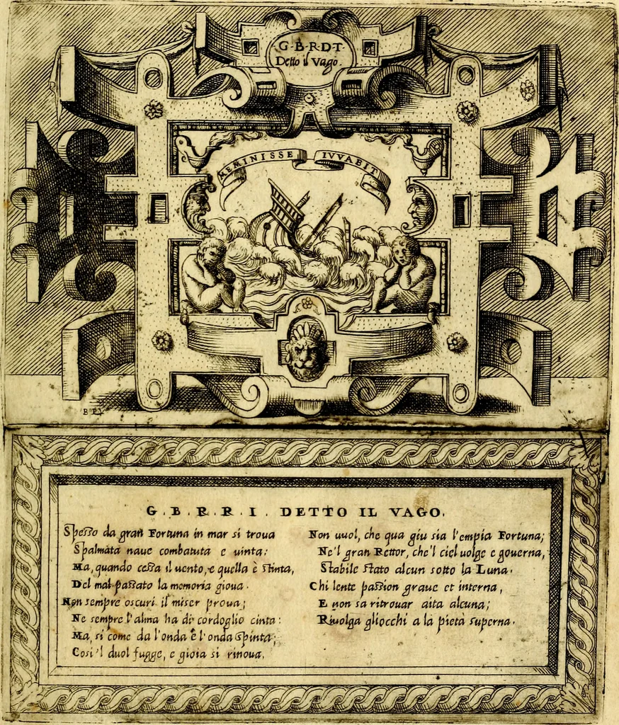 An illustration from Imprese nobili, et ingeniose di diversi prencipi et d'altri personnagi illustri : nell'arme et nelle lettere : le quali, col disegno loro estrinseco, dimostrano l'animo, et la buona o mala fortuna de gli autori loro, 1578, leaf 70