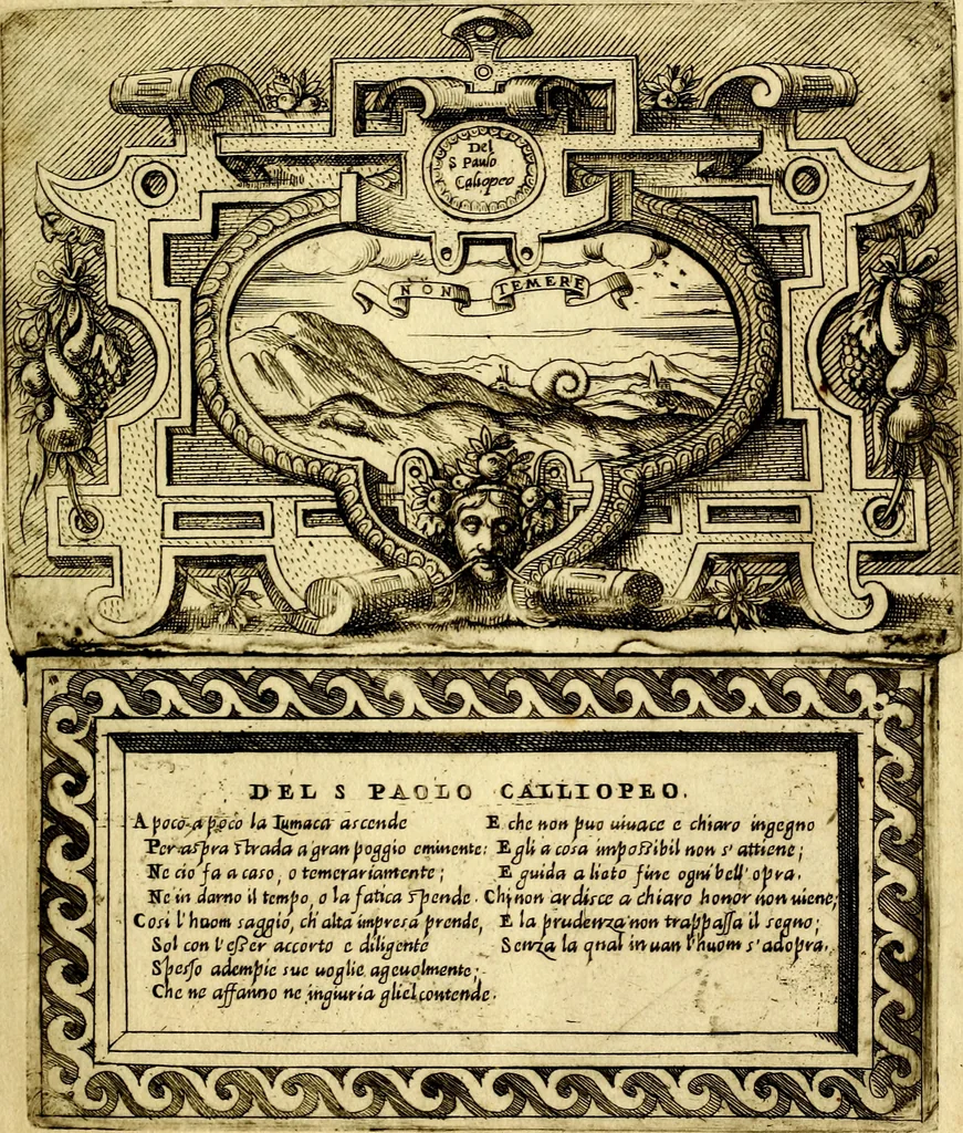 An illustration from Imprese nobili, et ingeniose di diversi prencipi et d'altri personnagi illustri : nell'arme et nelle lettere : le quali, col disegno loro estrinseco, dimostrano l'animo, et la buona o mala fortuna de gli autori loro, 1578, leaf 72