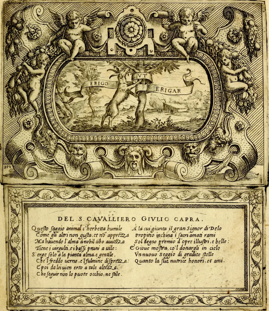 An illustration from Imprese nobili, et ingeniose di diversi prencipi et d'altri personnagi illustri : nell'arme et nelle lettere : le quali, col disegno loro estrinseco, dimostrano l'animo, et la buona o mala fortuna de gli autori loro, 1578, leaf 74