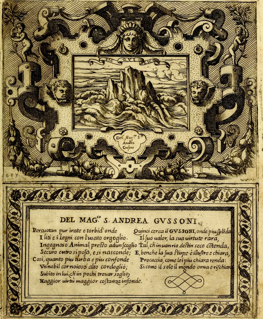 An illustration from Imprese nobili, et ingeniose di diversi prencipi et d'altri personnagi illustri : nell'arme et nelle lettere : le quali, col disegno loro estrinseco, dimostrano l'animo, et la buona o mala fortuna de gli autori loro, 1578, leaf 76