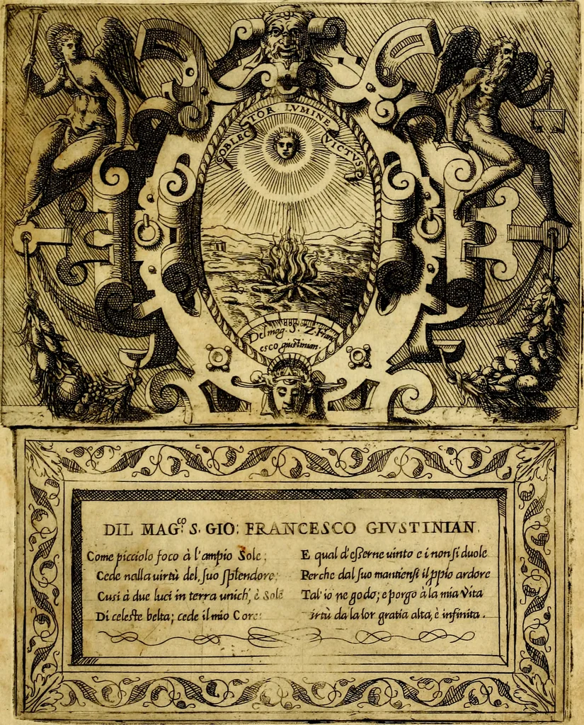 An illustration from Imprese nobili, et ingeniose di diversi prencipi et d'altri personnagi illustri : nell'arme et nelle lettere : le quali, col disegno loro estrinseco, dimostrano l'animo, et la buona o mala fortuna de gli autori loro, 1578, leaf 84