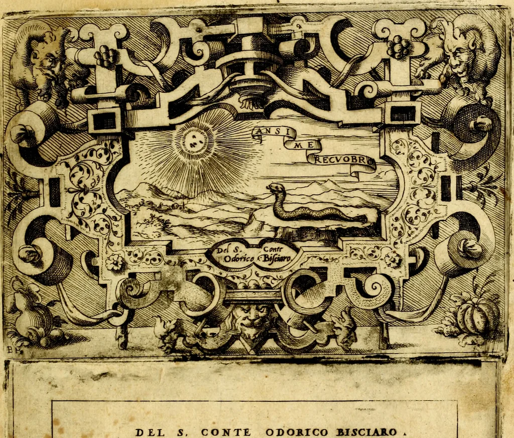 An illustration from Imprese nobili, et ingeniose di diversi prencipi et d'altri personnagi illustri : nell'arme et nelle lettere : le quali, col disegno loro estrinseco, dimostrano l'animo, et la buona o mala fortuna de gli autori loro, 1578, leaf 86
