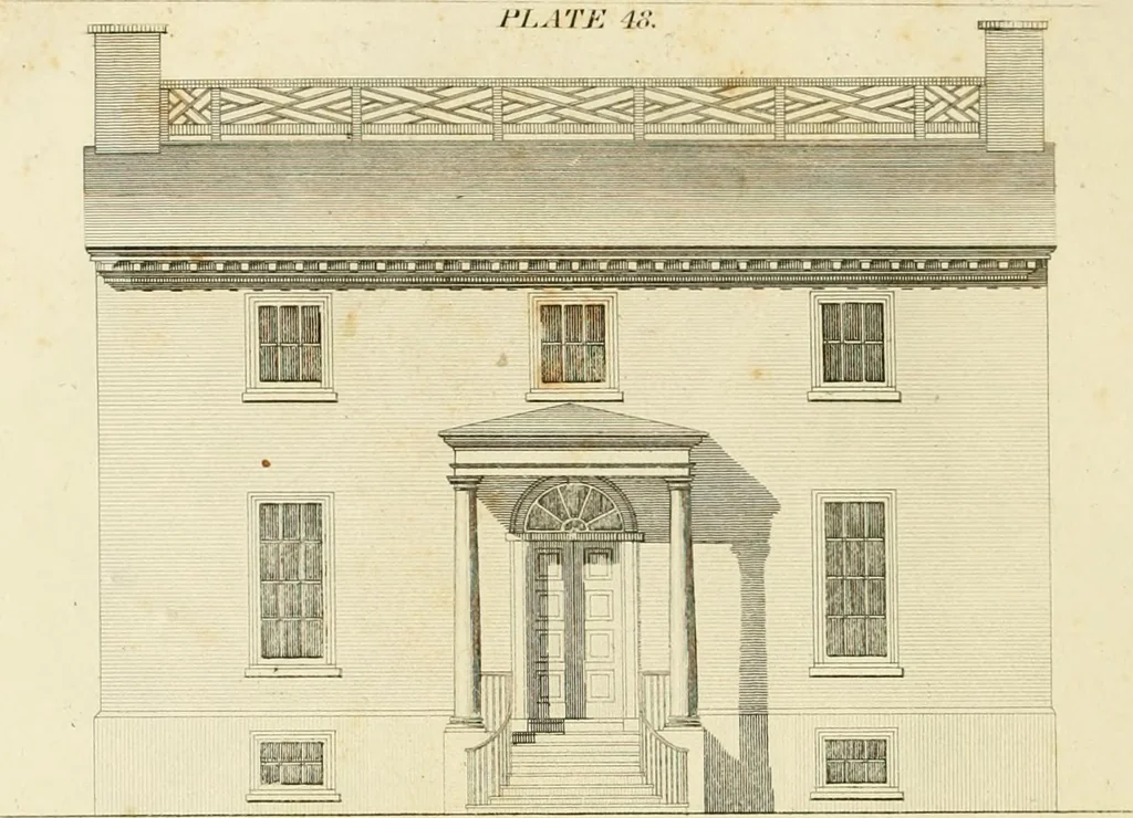 An illustration from An improved and enlarged edition of Biddle's young carpenter's assistant : being a complete system of architecture for carpenters, joiners, and workmen in general, adapted to the style of building in the United States ; revised and corrected, with several additional articles, and forty-eight new designs, chiefly of full size, working drawings of modern finish, in detail ; particularly adapted for country use, 1833, leaf 135