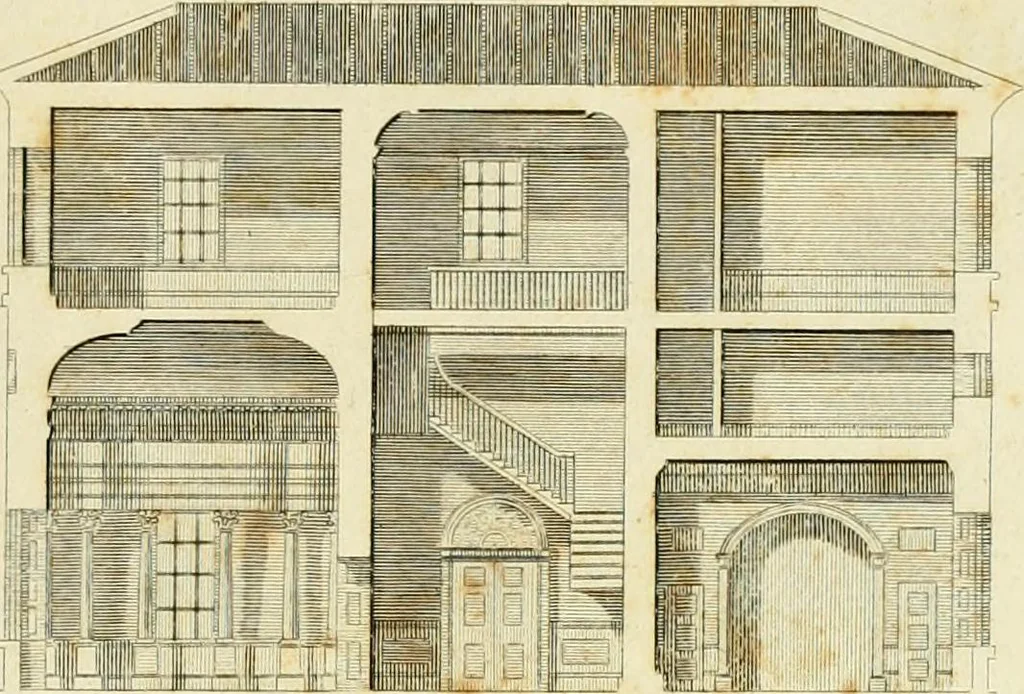 An illustration from An improved and enlarged edition of Biddle's young carpenter's assistant : being a complete system of architecture for carpenters, joiners, and workmen in general, adapted to the style of building in the United States ; revised and corrected, with several additional articles, and forty-eight new designs, chiefly of full size, working drawings of modern finish, in detail ; particularly adapted for country use, 1833, leaf 144