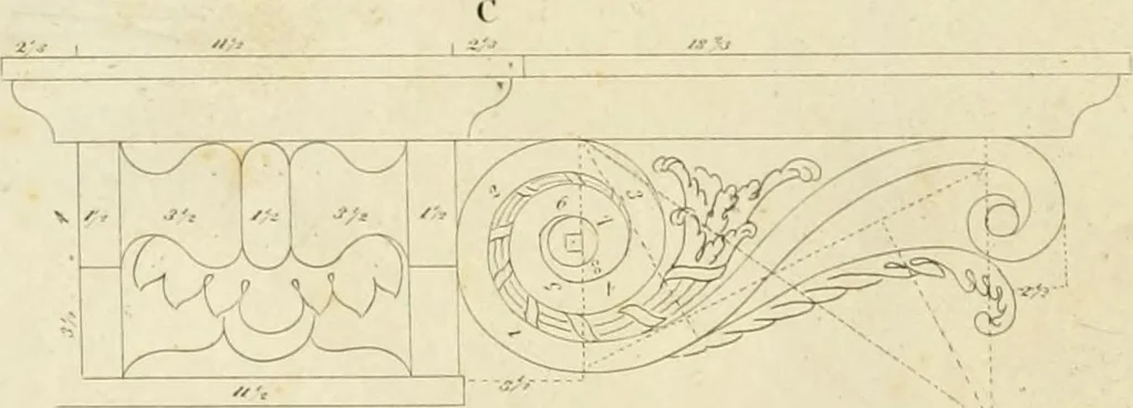 An illustration from An improved and enlarged edition of Biddle's young carpenter's assistant : being a complete system of architecture for carpenters, joiners, and workmen in general, adapted to the style of building in the United States ; revised and corrected, with several additional articles, and forty-eight new designs, chiefly of full size, working drawings of modern finish, in detail ; particularly adapted for country use, 1833, leaf 39
