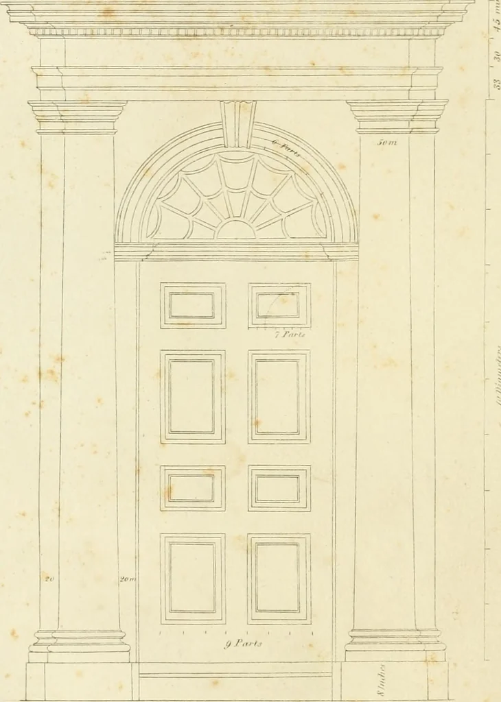 An illustration from An improved and enlarged edition of Biddle's young carpenter's assistant : being a complete system of architecture for carpenters, joiners, and workmen in general, adapted to the style of building in the United States ; revised and corrected, with several additional articles, and forty-eight new designs, chiefly of full size, working drawings of modern finish, in detail ; particularly adapted for country use, 1833, leaf 69
