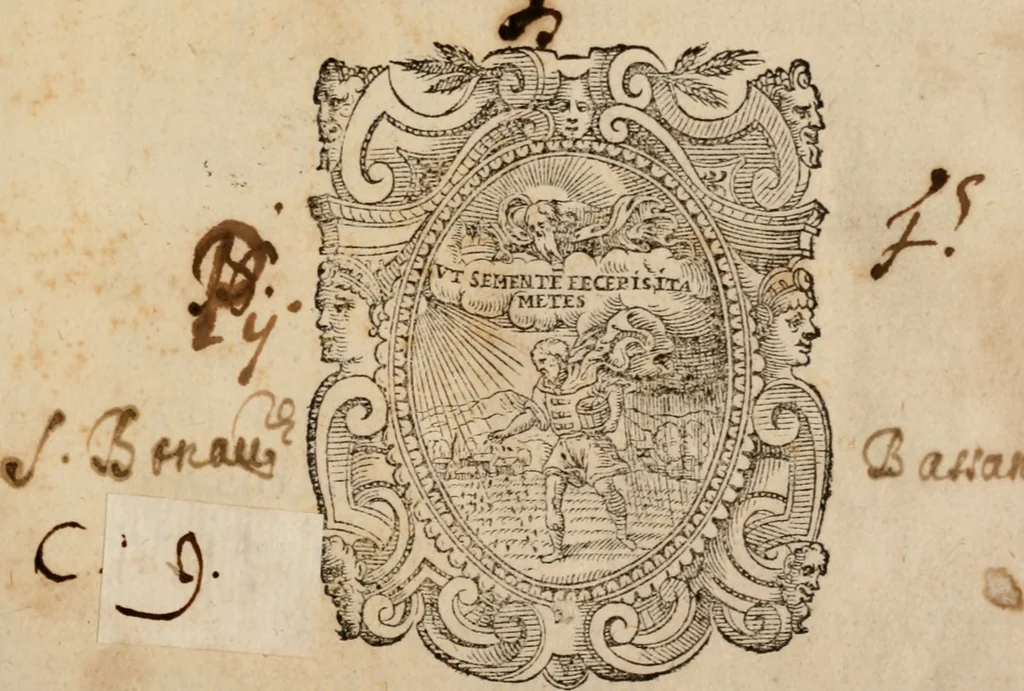 An illustration from Index generales in omnes d. Bonaventurae Super quatuor libros sententiarum Petri Lombardi dilucidationes quinque syntagmatibus distinctum, absolutumve opus: undique elegantiam, integritatem, & eruditionem apprimè redolens, 1573, leaf 4
