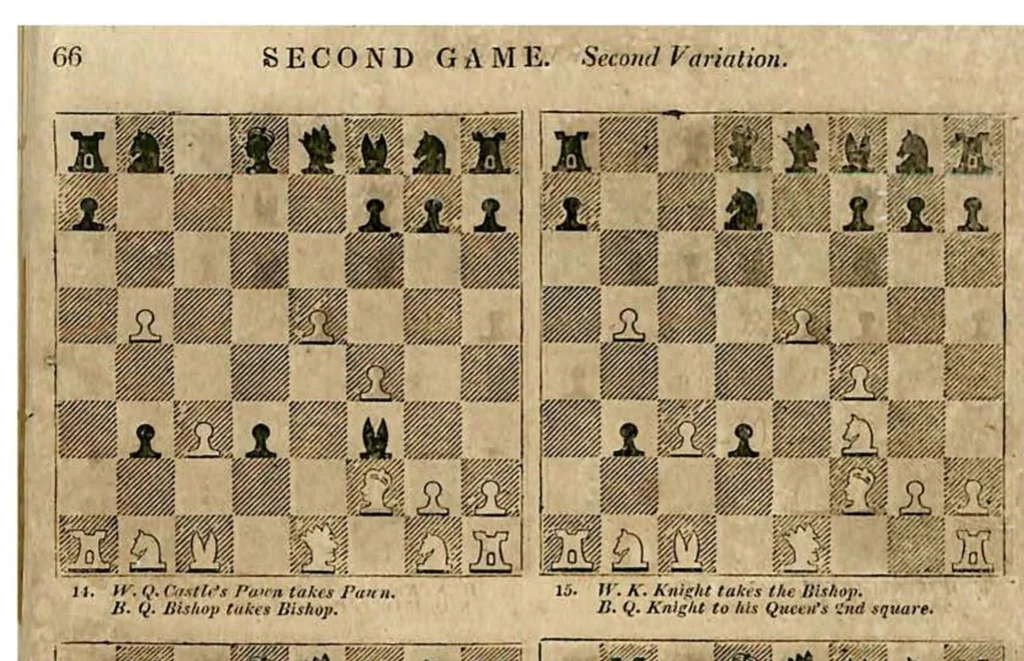 An illustration from Chess: Rendered Familiar by Tabular Demonstrations of the Various Positions and Movements, 1819, leaf 79