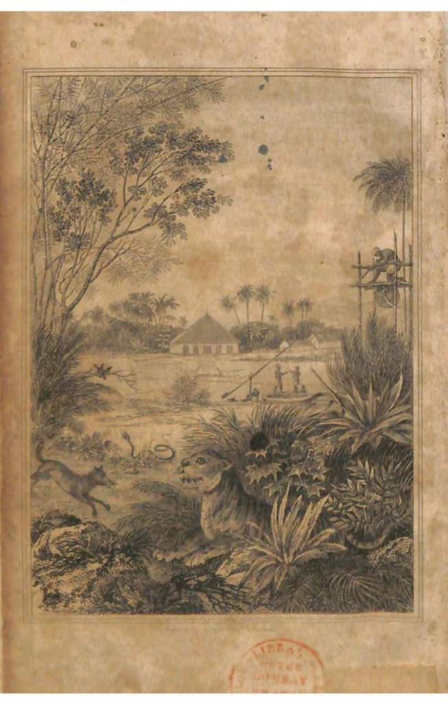 An illustration from Sketches of Field Sports as Followed by the Natives of India with Observations on the Animals aslo an Account of some of the custom of the inhabitants, and nature productions, Interspersed with various Anecdotes. Likewise the Late Nawab Vizier Asoph Ul Dowlah’s Grand Style of Sporting and Character. A Description of the Art of Ctaching Serpents, as practised by people in India known by the appellation of Cunjoors, and their method of curing themself when bitten with The Remarks on Hydrophobia Rabid I Animal, 1822, leaf 5