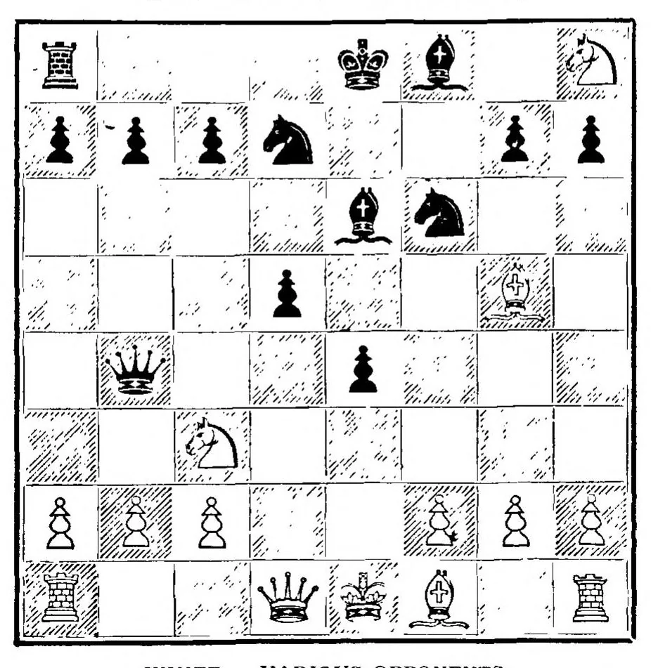 An illustration from Chess Novelties and their latest Developments with comparisons of the Progress of Chess Openings of the Past Century and the Present not dealt with Existing Works, 1895, leaf 151