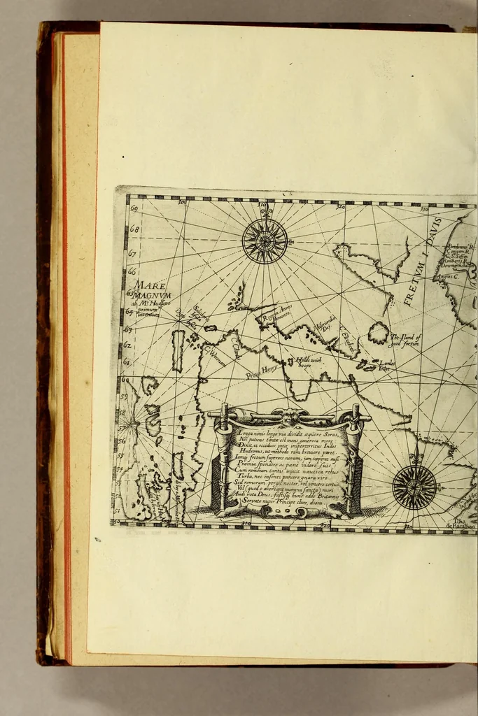 An illustration from Indiae Orientalis pars X. Qua continetur, Historica relatio siue descriptio novi as Aquilonem transitus, supra terras Americanas in Chinam atq[ue] Iaponem ducturi, quemadmodum is ab Henrico Hudsono Anglo nuper inuentis est, addita breui insularum & locorum aliorum, in itinere isto occurrentium, ex Iohannis-Hugonis Lintschottani itineratio desumpta commemoratione. : Item discursus ad sereniss. Hispaniae regem, super detecta nuper quinta orbis parte, terra nempè Australis incognita, à capitaneo quodam Petro-Ferdinando de Quir, &c. conscriptus. Addita descriptione regionum Siberiae, Samoiediae atque Tingoesiae, in Tartaria versus ortum freti Weigatsii sitarum, quae nuper à Moscis detectae &c occupatae sunt., 1613, leaf 42