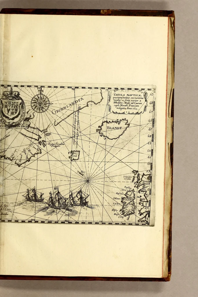 An illustration from Indiae Orientalis pars X. Qua continetur, Historica relatio siue descriptio novi as Aquilonem transitus, supra terras Americanas in Chinam atq[ue] Iaponem ducturi, quemadmodum is ab Henrico Hudsono Anglo nuper inuentis est, addita breui insularum & locorum aliorum, in itinere isto occurrentium, ex Iohannis-Hugonis Lintschottani itineratio desumpta commemoratione. : Item discursus ad sereniss. Hispaniae regem, super detecta nuper quinta orbis parte, terra nempè Australis incognita, à capitaneo quodam Petro-Ferdinando de Quir, &c. conscriptus. Addita descriptione regionum Siberiae, Samoiediae atque Tingoesiae, in Tartaria versus ortum freti Weigatsii sitarum, quae nuper à Moscis detectae &c occupatae sunt., 1613, leaf 43