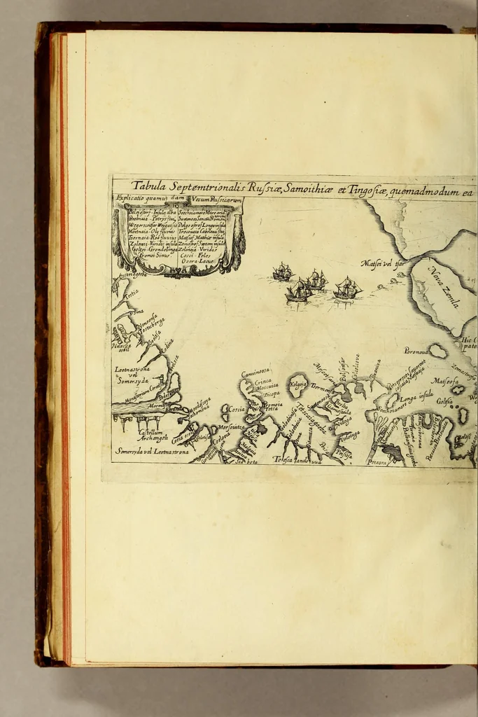 An illustration from Indiae Orientalis pars X. Qua continetur, Historica relatio siue descriptio novi as Aquilonem transitus, supra terras Americanas in Chinam atq[ue] Iaponem ducturi, quemadmodum is ab Henrico Hudsono Anglo nuper inuentis est, addita breui insularum & locorum aliorum, in itinere isto occurrentium, ex Iohannis-Hugonis Lintschottani itineratio desumpta commemoratione. : Item discursus ad sereniss. Hispaniae regem, super detecta nuper quinta orbis parte, terra nempè Australis incognita, à capitaneo quodam Petro-Ferdinando de Quir, &c. conscriptus. Addita descriptione regionum Siberiae, Samoiediae atque Tingoesiae, in Tartaria versus ortum freti Weigatsii sitarum, quae nuper à Moscis detectae &c occupatae sunt., 1613, leaf 46