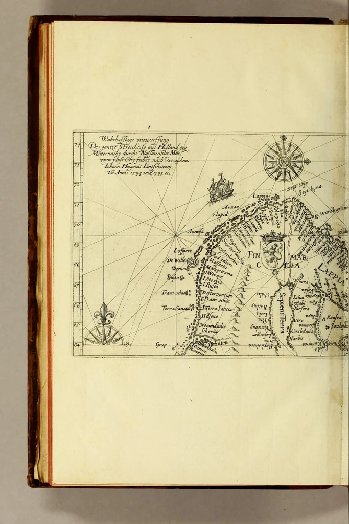 An illustration from Indiae Orientalis pars X. Qua continetur, Historica relatio siue descriptio novi as Aquilonem transitus, supra terras Americanas in Chinam atq[ue] Iaponem ducturi, quemadmodum is ab Henrico Hudsono Anglo nuper inuentis est, addita breui insularum & locorum aliorum, in itinere isto occurrentium, ex Iohannis-Hugonis Lintschottani itineratio desumpta commemoratione. : Item discursus ad sereniss. Hispaniae regem, super detecta nuper quinta orbis parte, terra nempè Australis incognita, à capitaneo quodam Petro-Ferdinando de Quir, &c. conscriptus. Addita descriptione regionum Siberiae, Samoiediae atque Tingoesiae, in Tartaria versus ortum freti Weigatsii sitarum, quae nuper à Moscis detectae &c occupatae sunt., 1613, leaf 50