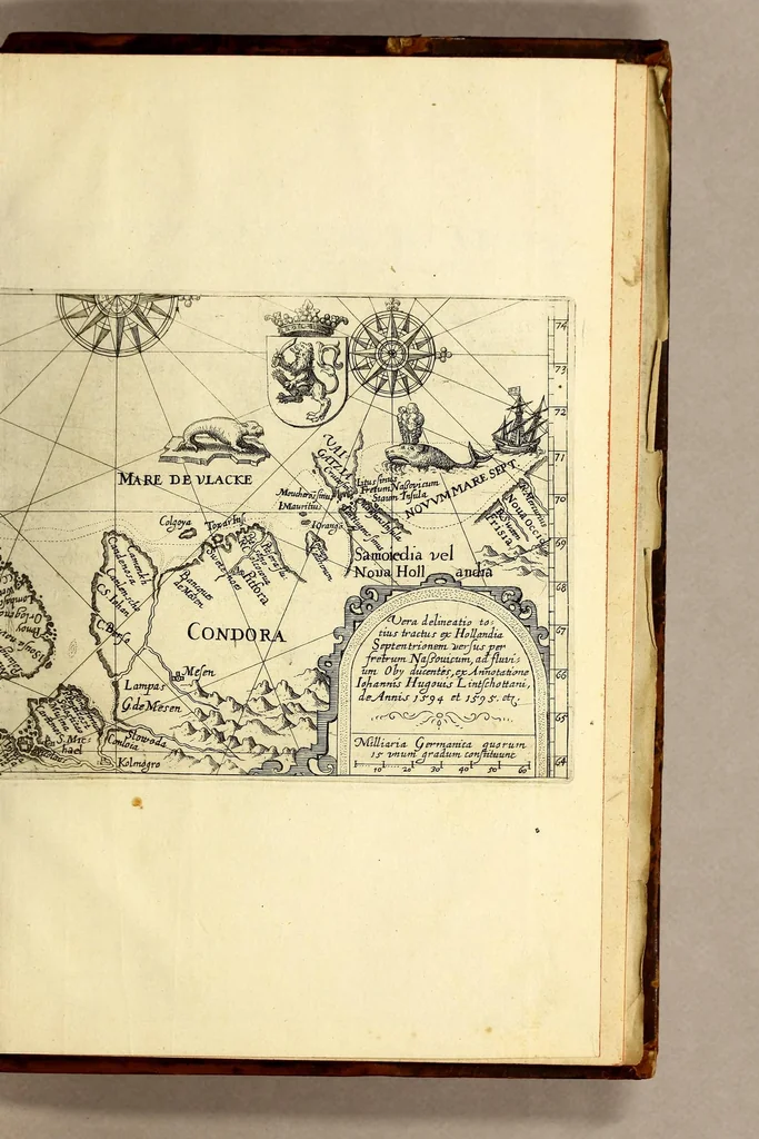 An illustration from Indiae Orientalis pars X. Qua continetur, Historica relatio siue descriptio novi as Aquilonem transitus, supra terras Americanas in Chinam atq[ue] Iaponem ducturi, quemadmodum is ab Henrico Hudsono Anglo nuper inuentis est, addita breui insularum & locorum aliorum, in itinere isto occurrentium, ex Iohannis-Hugonis Lintschottani itineratio desumpta commemoratione. : Item discursus ad sereniss. Hispaniae regem, super detecta nuper quinta orbis parte, terra nempè Australis incognita, à capitaneo quodam Petro-Ferdinando de Quir, &c. conscriptus. Addita descriptione regionum Siberiae, Samoiediae atque Tingoesiae, in Tartaria versus ortum freti Weigatsii sitarum, quae nuper à Moscis detectae &c occupatae sunt., 1613, leaf 51