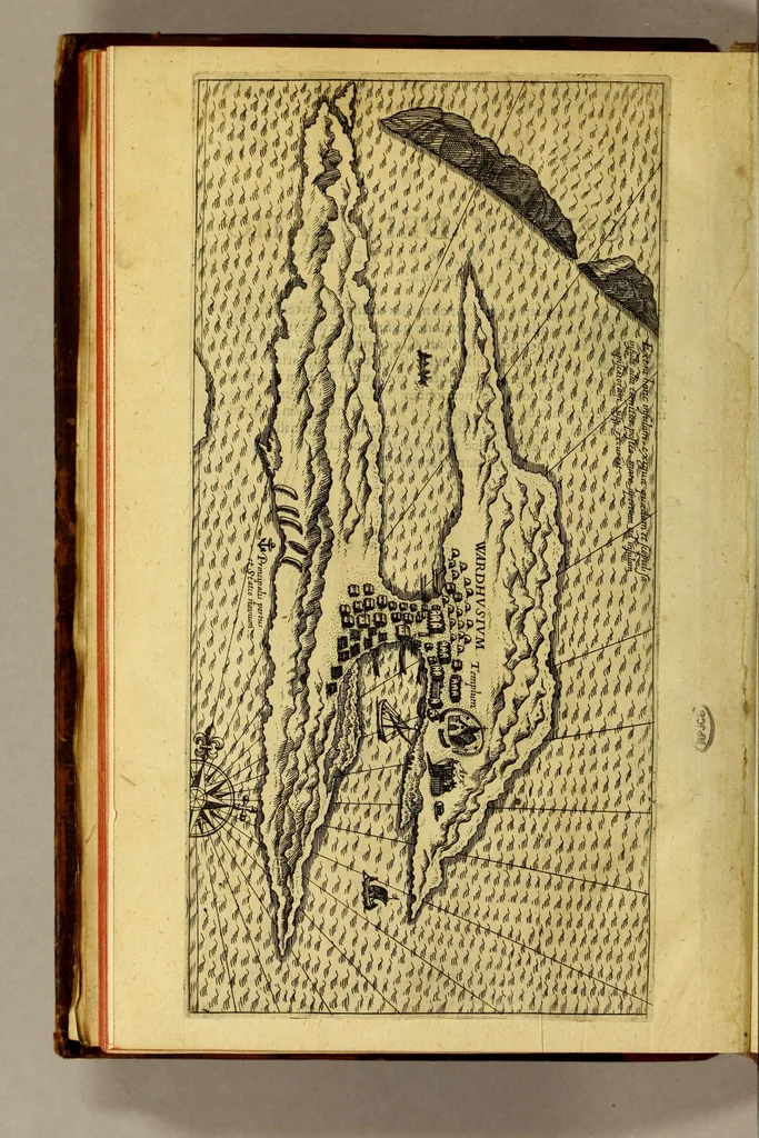 An illustration from Indiae Orientalis pars X. Qua continetur, Historica relatio siue descriptio novi as Aquilonem transitus, supra terras Americanas in Chinam atq[ue] Iaponem ducturi, quemadmodum is ab Henrico Hudsono Anglo nuper inuentis est, addita breui insularum & locorum aliorum, in itinere isto occurrentium, ex Iohannis-Hugonis Lintschottani itineratio desumpta commemoratione. : Item discursus ad sereniss. Hispaniae regem, super detecta nuper quinta orbis parte, terra nempè Australis incognita, à capitaneo quodam Petro-Ferdinando de Quir, &c. conscriptus. Addita descriptione regionum Siberiae, Samoiediae atque Tingoesiae, in Tartaria versus ortum freti Weigatsii sitarum, quae nuper à Moscis detectae &c occupatae sunt., 1613, leaf 54
