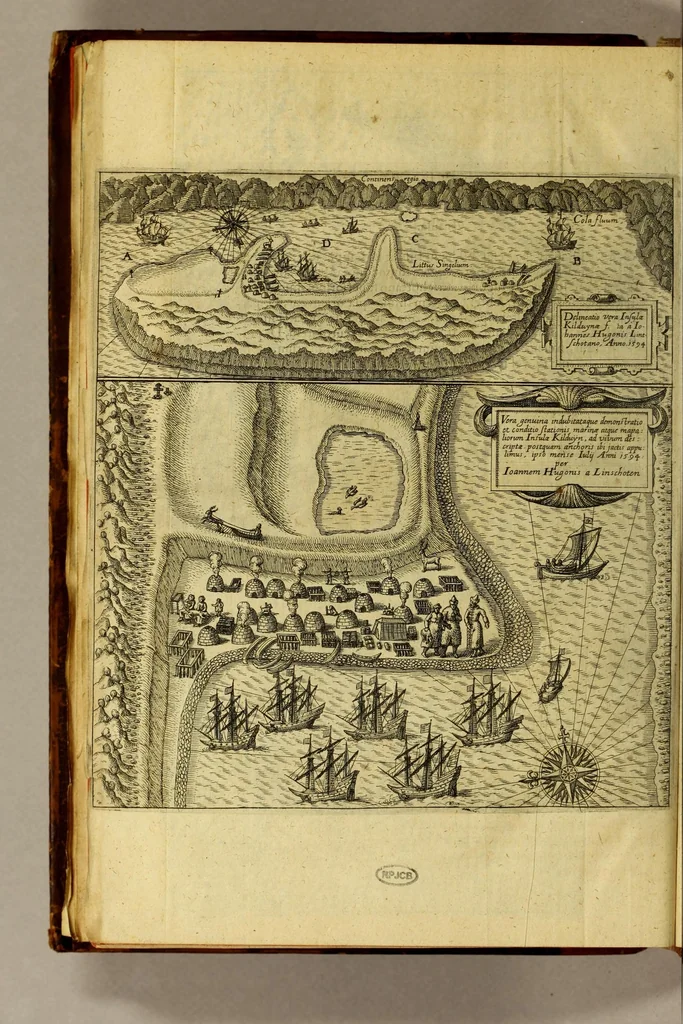 An illustration from Indiae Orientalis pars X. Qua continetur, Historica relatio siue descriptio novi as Aquilonem transitus, supra terras Americanas in Chinam atq[ue] Iaponem ducturi, quemadmodum is ab Henrico Hudsono Anglo nuper inuentis est, addita breui insularum & locorum aliorum, in itinere isto occurrentium, ex Iohannis-Hugonis Lintschottani itineratio desumpta commemoratione. : Item discursus ad sereniss. Hispaniae regem, super detecta nuper quinta orbis parte, terra nempè Australis incognita, à capitaneo quodam Petro-Ferdinando de Quir, &c. conscriptus. Addita descriptione regionum Siberiae, Samoiediae atque Tingoesiae, in Tartaria versus ortum freti Weigatsii sitarum, quae nuper à Moscis detectae &c occupatae sunt., 1613, leaf 56