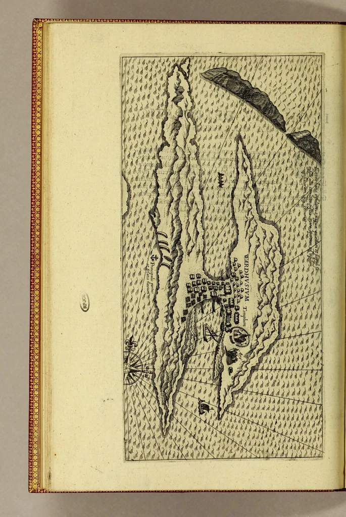 An illustration from Indiae Orientalis pars X. Qua continetur, Historica relatio siue descriptio novi as Aquilonem transitus, supra terras Americanas in Chinam atq[ue] Iaponem ducturi, quemadmodum is ab Henrico Hudsono Anglo nuper inuentis est, addita breui insularum & locorum aliorum, in itinere isto occurrentium, ex Iohannis-Hugonis Lintschottani itineratio desumpta commemoratione. : Item discursus ad sereniss. Hispaniae regem, super detecta nuper quinta orbis parte, terra nempè Australis incognita, à capitaneo quodam Petro-Ferdinando de Quir, &c. conscriptus. Addita descriptione regionum Siberiae, Samoiediae atque Tingoesiae, in Tartaria versus ortum freti Weigatsii sitarum, quae nuper à Moscis detectae &c occupatae sunt., 1613, leaf 42