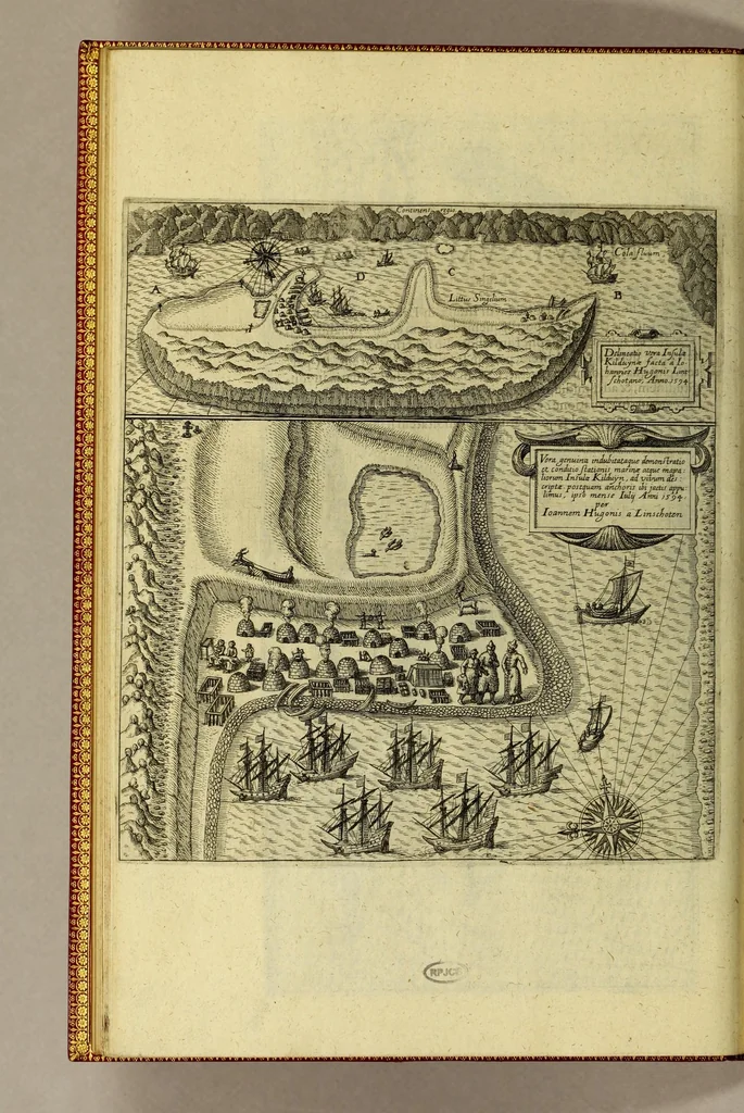 An illustration from Indiae Orientalis pars X. Qua continetur, Historica relatio siue descriptio novi as Aquilonem transitus, supra terras Americanas in Chinam atq[ue] Iaponem ducturi, quemadmodum is ab Henrico Hudsono Anglo nuper inuentis est, addita breui insularum & locorum aliorum, in itinere isto occurrentium, ex Iohannis-Hugonis Lintschottani itineratio desumpta commemoratione. : Item discursus ad sereniss. Hispaniae regem, super detecta nuper quinta orbis parte, terra nempè Australis incognita, à capitaneo quodam Petro-Ferdinando de Quir, &c. conscriptus. Addita descriptione regionum Siberiae, Samoiediae atque Tingoesiae, in Tartaria versus ortum freti Weigatsii sitarum, quae nuper à Moscis detectae &c occupatae sunt., 1613, leaf 44