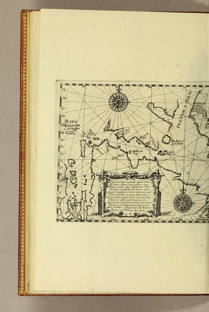 An illustration from Indiae Orientalis pars X. Qua continetur, Historica relatio siue descriptio novi as Aquilonem transitus, supra terras Americanas in Chinam atq[ue] Iaponem ducturi, quemadmodum is ab Henrico Hudsono Anglo nuper inuentis est, addita breui insularum & locorum aliorum, in itinere isto occurrentium, ex Iohannis-Hugonis Lintschottani itineratio desumpta commemoratione. : Item discursus ad sereniss. Hispaniae regem, super detecta nuper quinta orbis parte, terra nempè Australis incognita, à capitaneo quodam Petro-Ferdinando de Quir, &c. conscriptus. Addita descriptione regionum Siberiae, Samoiediae atque Tingoesiae, in Tartaria versus ortum freti Weigatsii sitarum, quae nuper à Moscis detectae &c occupatae sunt., 1613, leaf 48
