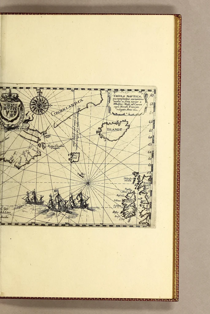 An illustration from Indiae Orientalis pars X. Qua continetur, Historica relatio siue descriptio novi as Aquilonem transitus, supra terras Americanas in Chinam atq[ue] Iaponem ducturi, quemadmodum is ab Henrico Hudsono Anglo nuper inuentis est, addita breui insularum & locorum aliorum, in itinere isto occurrentium, ex Iohannis-Hugonis Lintschottani itineratio desumpta commemoratione. : Item discursus ad sereniss. Hispaniae regem, super detecta nuper quinta orbis parte, terra nempè Australis incognita, à capitaneo quodam Petro-Ferdinando de Quir, &c. conscriptus. Addita descriptione regionum Siberiae, Samoiediae atque Tingoesiae, in Tartaria versus ortum freti Weigatsii sitarum, quae nuper à Moscis detectae &c occupatae sunt., 1613, leaf 49