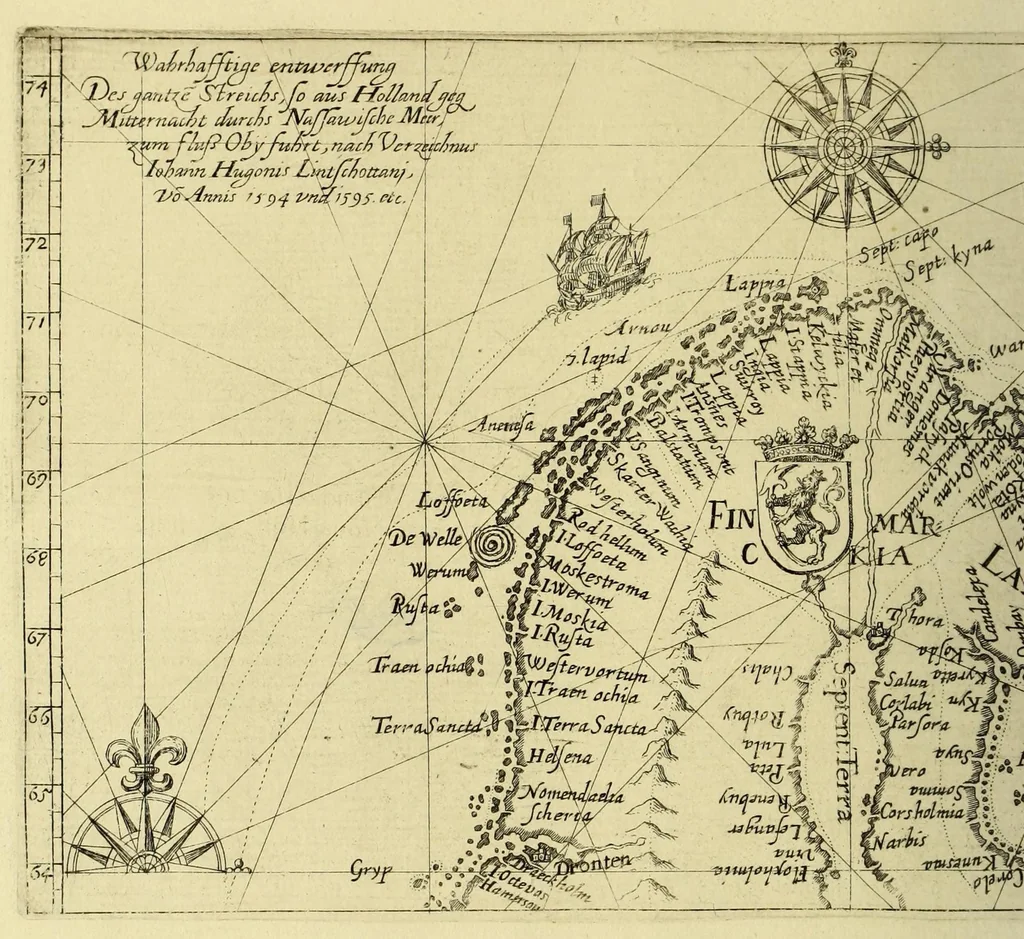 An illustration from Indiae Orientalis pars X. Qua continetur, Historica relatio siue descriptio novi as Aquilonem transitus, supra terras Americanas in Chinam atq[ue] Iaponem ducturi, quemadmodum is ab Henrico Hudsono Anglo nuper inuentis est, addita breui insularum & locorum aliorum, in itinere isto occurrentium, ex Iohannis-Hugonis Lintschottani itineratio desumpta commemoratione. : Item discursus ad sereniss. Hispaniae regem, super detecta nuper quinta orbis parte, terra nempè Australis incognita, à capitaneo quodam Petro-Ferdinando de Quir, &c. conscriptus. Addita descriptione regionum Siberiae, Samoiediae atque Tingoesiae, in Tartaria versus ortum freti Weigatsii sitarum, quae nuper à Moscis detectae &c occupatae sunt., 1613, leaf 52