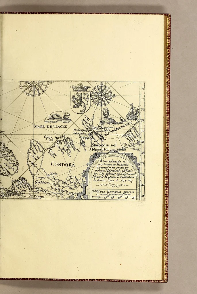 An illustration from Indiae Orientalis pars X. Qua continetur, Historica relatio siue descriptio novi as Aquilonem transitus, supra terras Americanas in Chinam atq[ue] Iaponem ducturi, quemadmodum is ab Henrico Hudsono Anglo nuper inuentis est, addita breui insularum & locorum aliorum, in itinere isto occurrentium, ex Iohannis-Hugonis Lintschottani itineratio desumpta commemoratione. : Item discursus ad sereniss. Hispaniae regem, super detecta nuper quinta orbis parte, terra nempè Australis incognita, à capitaneo quodam Petro-Ferdinando de Quir, &c. conscriptus. Addita descriptione regionum Siberiae, Samoiediae atque Tingoesiae, in Tartaria versus ortum freti Weigatsii sitarum, quae nuper à Moscis detectae &c occupatae sunt., 1613, leaf 53