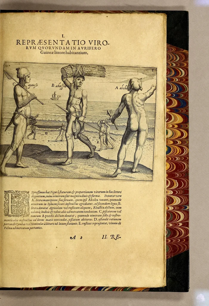 An illustration from Indiae Orientalis pars VI. Veram et historicam descriptionem auriferi regni Guineae, ad Africam pertinentis, quod alias littus de Mina vocant, : continens, qua situs loci, ratio vrbium & domorum, portus item & flumina varia, cum variis incolarum superstitionibus, educatione, forma, commerciis, linguis & moribus, succincta breuitate explicantur & percensentur., 1604, leaf 145