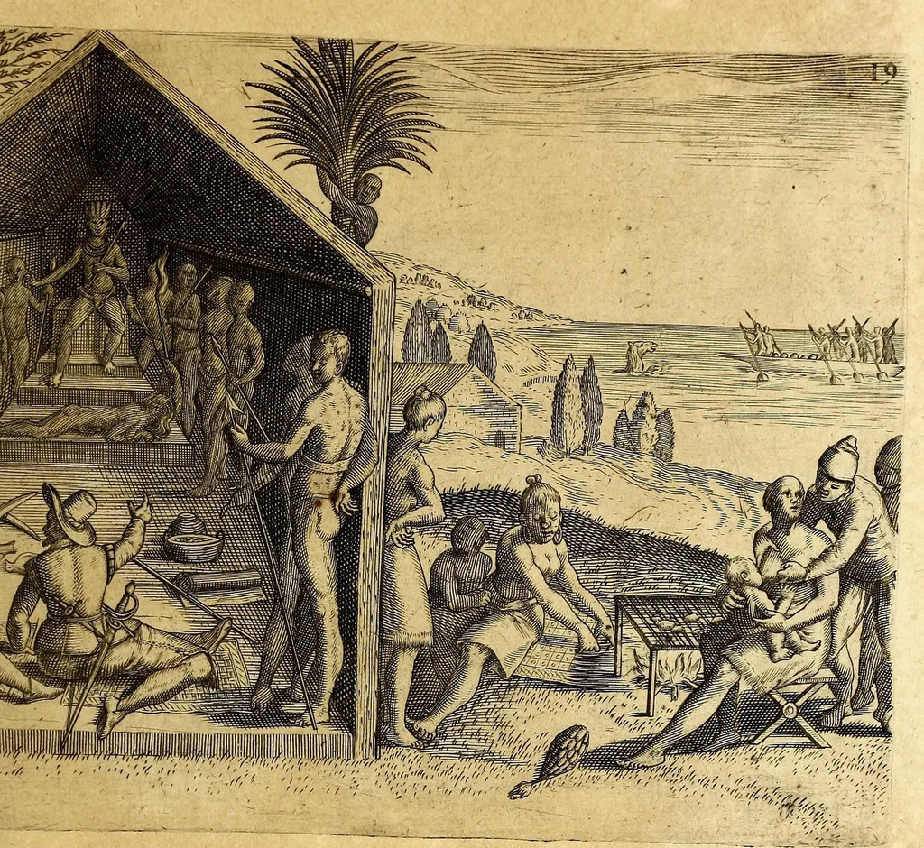 An illustration from Indiae Orientalis pars VI. Veram et historicam descriptionem auriferi regni Guineae, ad Africam pertinentis, quod alias littus de Mina vocant, : continens, qua situs loci, ratio vrbium & domorum, portus item & flumina varia, cum variis incolarum superstitionibus, educatione, forma, commerciis, linguis & moribus, succincta breuitate explicantur & percensentur., 1604, leaf 181