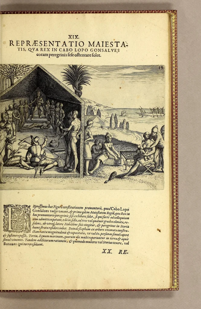 An illustration from Indiae Orientalis pars VI. Veram et historicam descriptionem auriferi regni Guineae, ad Africam pertinentis, quod alias littus de Mina vocant, : continens, qua situs loci, ratio vrbium & domorum, portus item & flumina varia, cum variis incolarum superstitionibus, educatione, forma, commerciis, linguis & moribus, succincta breuitate explicantur & percensentur., 1604, leaf 181