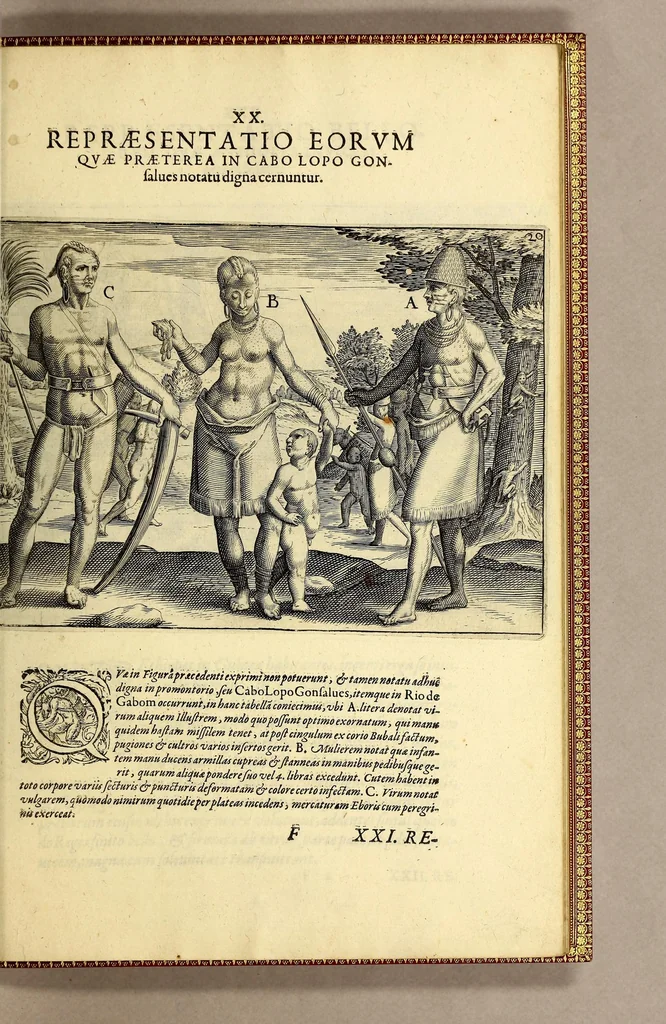 An illustration from Indiae Orientalis pars VI. Veram et historicam descriptionem auriferi regni Guineae, ad Africam pertinentis, quod alias littus de Mina vocant, : continens, qua situs loci, ratio vrbium & domorum, portus item & flumina varia, cum variis incolarum superstitionibus, educatione, forma, commerciis, linguis & moribus, succincta breuitate explicantur & percensentur., 1604, leaf 183