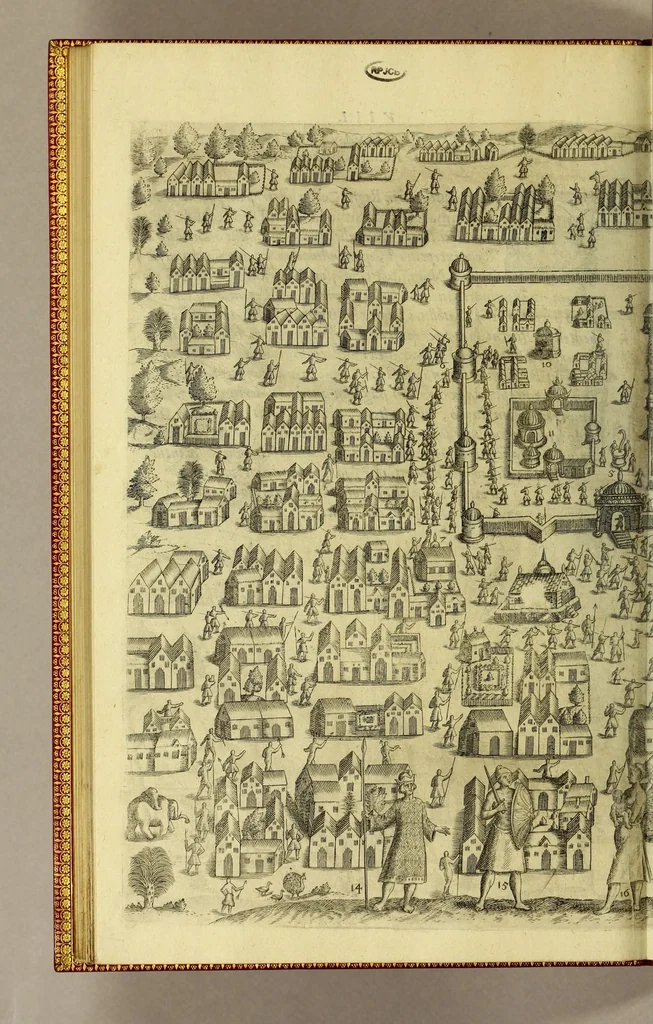 An illustration from Indiae Orientalis pars septima; Nauigationes duas, primam, trium annorum, à Georgio Spilbergio, trium nauium praefecto, Ann. 1601. ex Selandia in Indiam Orientalem susceptam: : alteram, nouem annorum, à Casparo Balby, gemmario Veneto, anno 1579. ex Alepo Babyloniam versus, & inde porro ad regnum Pegu vsque continuatam, continens. Omnium, quae illi quidem ad annum 1604. huic vero ad annum 1588. vsque acciderunt, commemoratione; regnum item, locorum, populorum, rituumque variorum descriptione addita., 1606, leaf 156