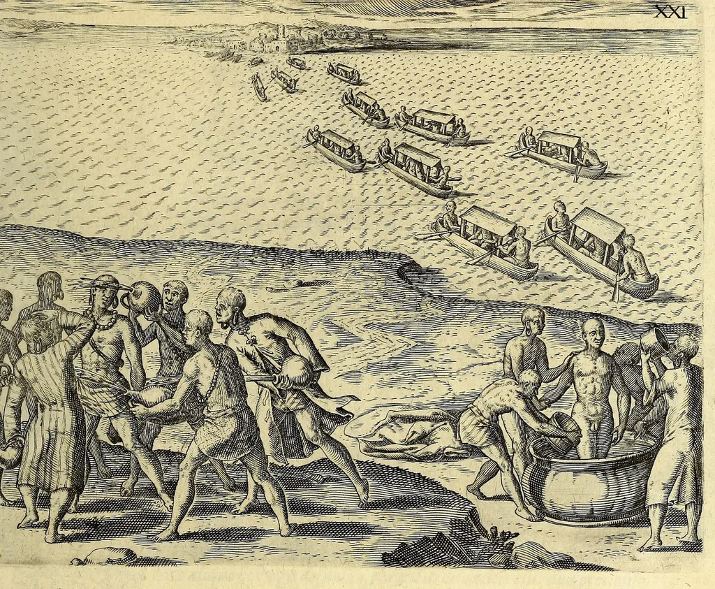 An illustration from Indiae Orientalis pars septima; Nauigationes duas, primam, trium annorum, à Georgio Spilbergio, trium nauium praefecto, Ann. 1601. ex Selandia in Indiam Orientalem susceptam: : alteram, nouem annorum, à Casparo Balby, gemmario Veneto, anno 1579. ex Alepo Babyloniam versus, & inde porro ad regnum Pegu vsque continuatam, continens. Omnium, quae illi quidem ad annum 1604. huic vero ad annum 1588. vsque acciderunt, commemoratione; regnum item, locorum, populorum, rituumque variorum descriptione addita., 1606, leaf 189