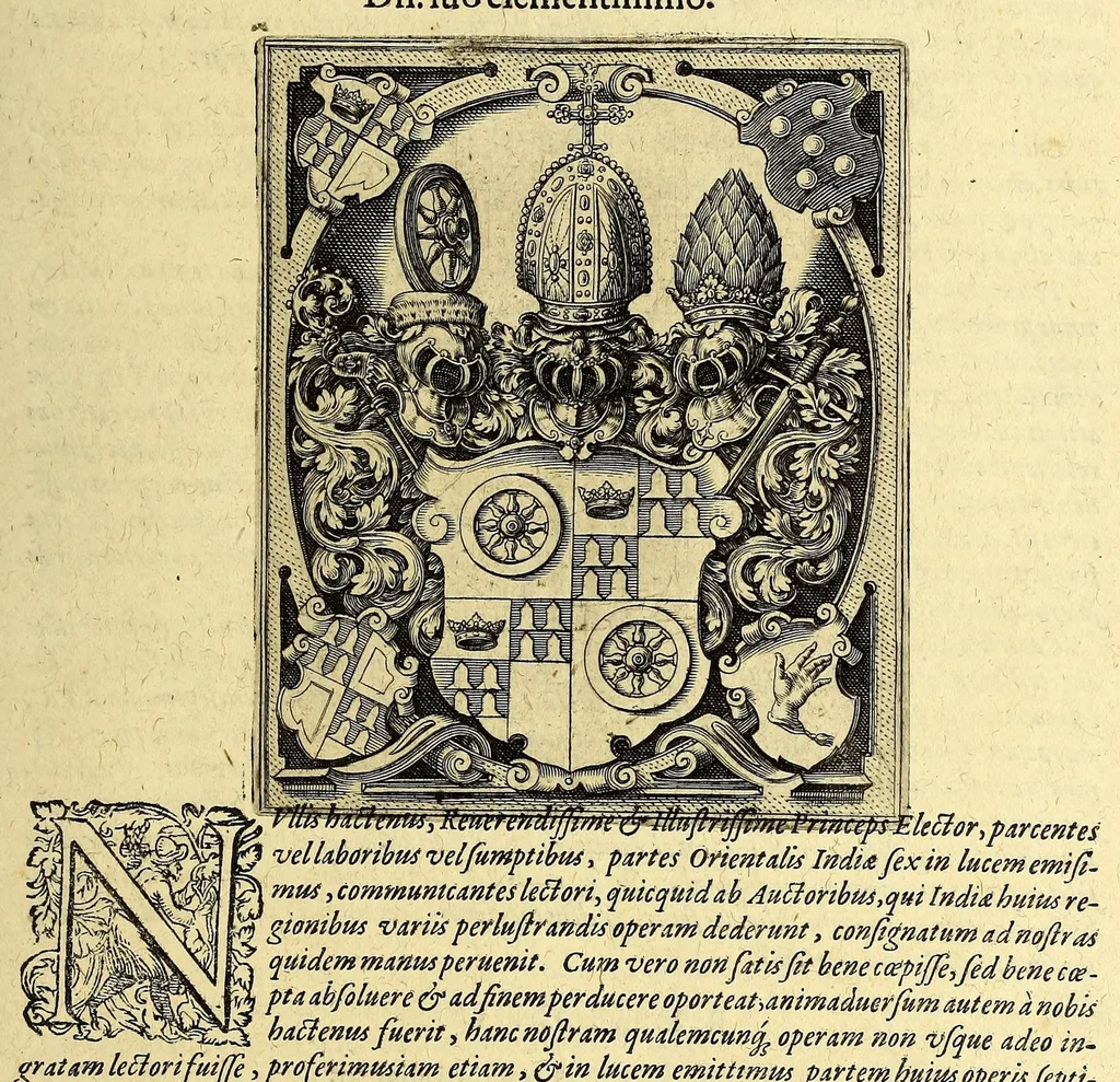 An illustration from Indiae Orientalis pars septima; Nauigationes duas, primam, trium annorum, à Georgio Spilbergio, trium nauium praefecto, Ann. 1601. ex Selandia in Indiam Orientalem susceptam: : alteram, nouem annorum, à Casparo Balby, gemmario Veneto, anno 1579. ex Alepo Babyloniam versus, & inde porro ad regnum Pegu vsque continuatam, continens. Omnium, quae illi quidem ad annum 1604. huic vero ad annum 1588. vsque acciderunt, commemoratione; regnum item, locorum, populorum, rituumque variorum descriptione addita., 1606, leaf 9
