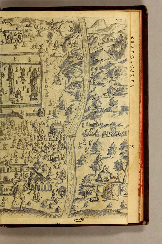 An illustration from Indiae Orientalis pars septima; Nauigationes duas, primam, trium annorum, à Georgio Spilbergio, trium nauium praefecto, Ann. 1601. ex Selandia in Indiam Orientalem susceptam: : alteram, novem annorum, à Casparo Balby, gemmario Veneto, anno 1579. ex Alepo Babyloniam versus, & inde porro ad regnum Pegu vsque continuatam, continens. Omnium, quae illi quidem ad annum 1604. huic vero ad annum 1588. vsque acciderunt, commemoratione; regnum item, locorum, populorum, tituumqie variorum descriptione addita., 1606, leaf 155