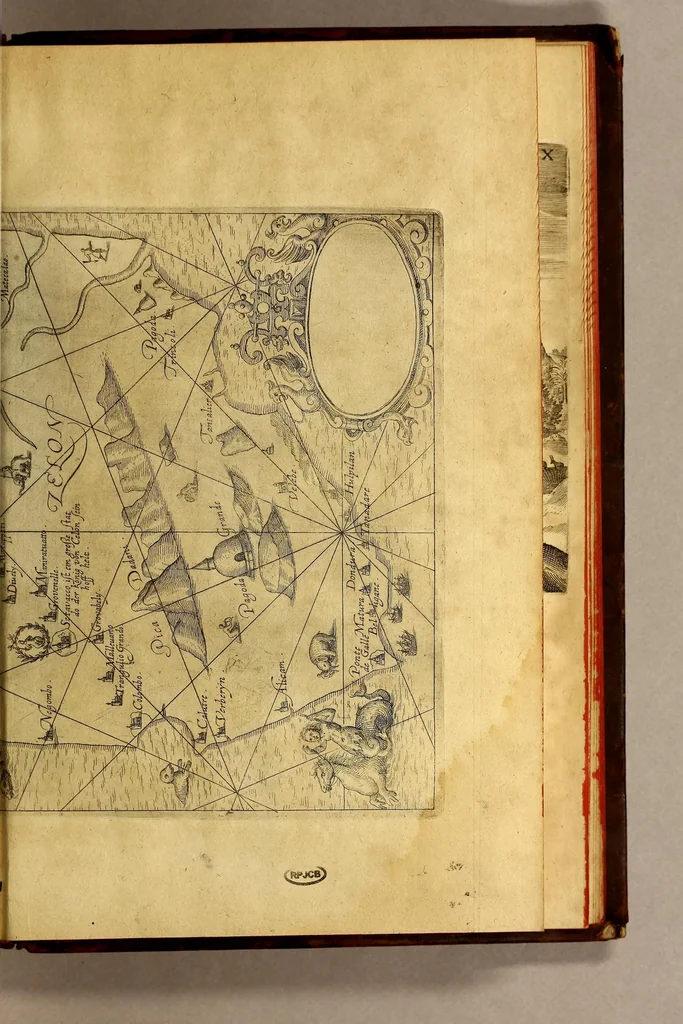 An illustration from Indiae Orientalis pars septima; Nauigationes duas, primam, trium annorum, à Georgio Spilbergio, trium nauium praefecto, Ann. 1601. ex Selandia in Indiam Orientalem susceptam: : alteram, novem annorum, à Casparo Balby, gemmario Veneto, anno 1579. ex Alepo Babyloniam versus, & inde porro ad regnum Pegu vsque continuatam, continens. Omnium, quae illi quidem ad annum 1604. huic vero ad annum 1588. vsque acciderunt, commemoratione; regnum item, locorum, populorum, tituumqie variorum descriptione addita., 1606, leaf 159