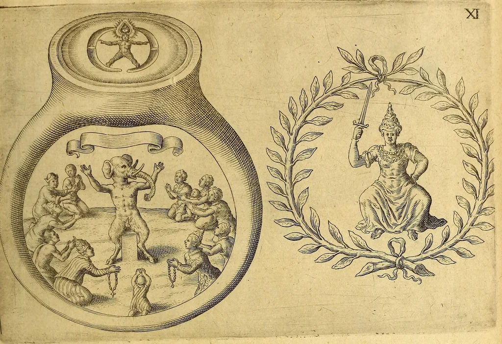 An illustration from Indiae Orientalis pars septima; Nauigationes duas, primam, trium annorum, à Georgio Spilbergio, trium nauium praefecto, Ann. 1601. ex Selandia in Indiam Orientalem susceptam: : alteram, novem annorum, à Casparo Balby, gemmario Veneto, anno 1579. ex Alepo Babyloniam versus, & inde porro ad regnum Pegu vsque continuatam, continens. Omnium, quae illi quidem ad annum 1604. huic vero ad annum 1588. vsque acciderunt, commemoratione; regnum item, locorum, populorum, tituumqie variorum descriptione addita., 1606, leaf 163