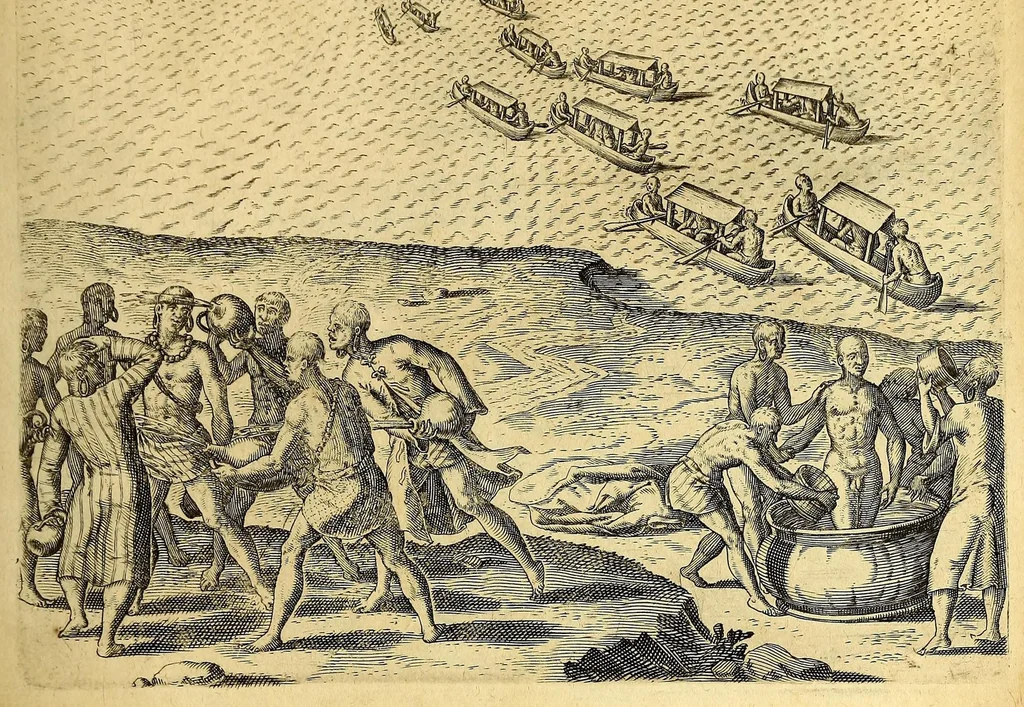 An illustration from Indiae Orientalis pars septima; Nauigationes duas, primam, trium annorum, à Georgio Spilbergio, trium nauium praefecto, Ann. 1601. ex Selandia in Indiam Orientalem susceptam: : alteram, novem annorum, à Casparo Balby, gemmario Veneto, anno 1579. ex Alepo Babyloniam versus, & inde porro ad regnum Pegu vsque continuatam, continens. Omnium, quae illi quidem ad annum 1604. huic vero ad annum 1588. vsque acciderunt, commemoratione; regnum item, locorum, populorum, tituumqie variorum descriptione addita., 1606, leaf 183